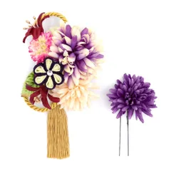 髪飾り 成人式 つまみ細工 赤 振袖 前撮り 袴 花 2点セット 紫 ピンク 白 ゴールド ちりめん 組紐 房 ラインストーン 大きい No.12-0642