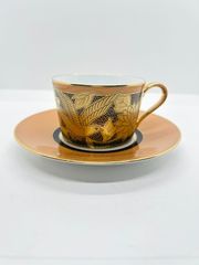 【新品】ノリタケ　オマージュコレクション　カプチーノカップ＆ソーサー　橙絵花鳥文　カフェオレ　カプチーノ　紅茶　コーヒー　カップ　コーヒーカップ　碗皿　金　黒　かっこいい