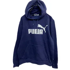 PUMA プリントスウェット パーカー S ネイビー プーマ 裏起毛 プルオーバー ビッグロゴ 古着卸 アメリカ仕入 a708-5960