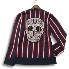 【美品】LOVELESS ラブレス 秋冬 レース スカル刺繍★  ウール混 ストライプ セーター Vネック ニット Sz.1 メンズ