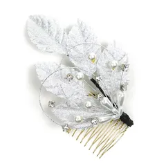 髪飾り コーム型 水引 ラインストーン パール シルバー 白 キラキラ ラメ リーフ 葉 丸 円 サークル 小さい かんざし かわいい No.9-3380