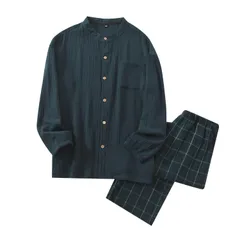新品 [ＳＥＴＯＭ] パジャマ メンズ ルームウェア 通気性＆着心地 しじら織 二重ガーゼ 襟なし 綿100％ 肌に優しい 快適 部屋着 長袖 上下セット チェック柄パンツ