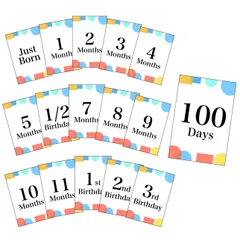 ベビーマンスリーフォトカード (月齢フォトカード) シンプル はがきサイズ / 16枚セット 0～1歳まで お食い初め、ハーフバースデー対応 (四角 - 1/2 Birthday, カラフル) 