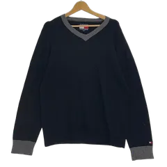 90's/90年代 TOMMY HILFIGER/トミーヒルフィガー Vネック ニット セーター 長袖 袖刺繍 ワンポイント刺繡 オーバーサイズ ビッグシルエット MACAU製 メンズ L　ブラック