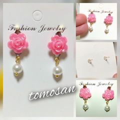 ピンク薔薇ピアス（サージカルステンレス）