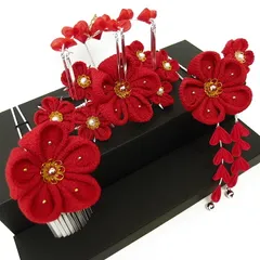 七五三 髪飾り 三歳 七歳 日本髪 つまみ細工 赤 花 2個セット かんざし ちりめん ビラ お正月 和装 FTS No.9-4154