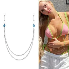 248：ニップルピアス フェイクニップル チェーン ビーズ ストーン ノンホール フェイクニップルピアス ニップル ジュエリー 乳首 ボディピアス 穴開け不要 ステンレス シルバー ブルー 青 水色 赤 レッド 黒 ブラック グレー