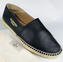 美品★VALENTINO GARAVANI・ヴァレンティノ ガラヴァーニ メンズ レザー サイドロゴ ジュートコンビ エスパドリューユ スリッポン (41) ブランド メンズ 靴 ブラック