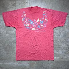 【90s】 シングルステッチ  Tシャツ  Smoky Mountains  ピンク  花  フラワー  蝶々  花畑  プリント  古着