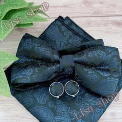 蝶ネクタイ 3点セット カフスボタン ポケットチーフ 新郎 ブラック ネイビー　結婚式 お呼ばれ パーティー 二次会