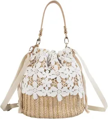 Elixio エリクシオ かごバッグ 浴衣用バッグ 巾着バッグ ミニショルダーバッグ バケットバッグ ミニバッグ 手提げ バケツ型 レディース 軽い 夏 花火大会 バック カバン かわいい(ベージュ)