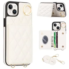 iPhone15 ケース 手帳型 ショルダー ストラップ付き 背面カード収納 ミラー付き 斜めがけ 肩掛け 首掛け リング付き スマホカバー 財布型 スタンド機能 マグネット 小銭入れ 肌触り良いPUレザー おしゃれ 軽量 6.1インチ対応 ホワイト 0