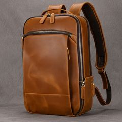 back パック Men's Top Grain Crazy Horse Leather Laptop Bag, Vintage Style, Unisex, Large Capacity, Portable Laptop Bag, Travel Bag, Day Bag パック Business School Bag, Daily Commute Bag, Light Brown/Black