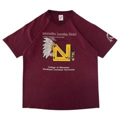 L 90s USA製 ジャージーズ ヴィンテージ Tシャツ メッセージ ネイティブ柄 弓 羽 カレッジロゴ NLU 教育学部 ポリコットン シングルステッチ ボルドー ワインレッド