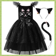 【人気商品】アニマル 猫 キャット ネコ キッズ 女の子 コスチューム 子供 クリスマス パーティー 仮装 発表会 ハロウィン 猫耳カチューシャ コスプレ リボン しっぽ 黒猫 鈴付き [ReliBeauty] セット