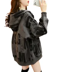 [Dep Club] 華奢見せ パーカー レディース ゆったり ロングパーカー ジップパーカー 大きいサイズ オーバーサイズ 薄手 韓国 韓流 韓国風 春 秋 春秋 秋冬 春服 柄 アウター (2XL, ブラック) [ブラック] [2XL Regular]