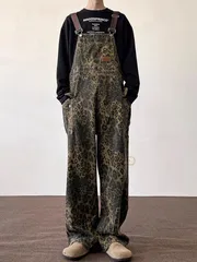 ーバーオール メンズ 豹柄 ワイドパンツ デニムパンツ ビッグパンツ ロングパンツ 豹柄 パンツ大きいサイズ 作業着 サロペット ゆったり カジュアル おしゃれ ユニセックス yashang03☆DZ10