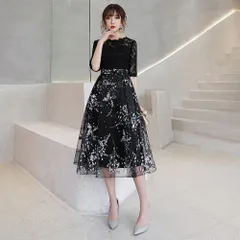 ☆ ブラック ☆ Mサイズ ☆ パーティードレス kdress98k パーティードレス ロング ミモレ丈 花柄 刺繍 ワンピース ドレス バックファスナー パーティードレス ウェディングドレス 演奏会 ウエディング パーティードレス 結婚式 披露宴