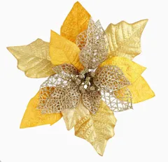 Blooming Paradise クリスマスツリー飾り 人工花 造花 クリスマス花 フラワー オーナメント 玄関 屋内 お店 デコレーション キラキラ 飾り パーティー 結婚式 お祭り ギフト 装飾 プラスチック DIY 花輪 12個 濃い金色