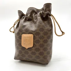 ?美品? CELINE セリーヌ 巾着 ポーチ ハンドバッグ マカダム柄 総柄 PVC レザー 革 ブラウン 茶色 ベージュ 肌色 ユニセックス 男女兼用 メンズ レディース