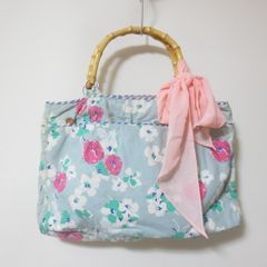 C767　A&F　アバクロンビー&フィッチ　Pretty bag　バンブーハンドル　花柄　ハンドバッグ　ライトブルー　