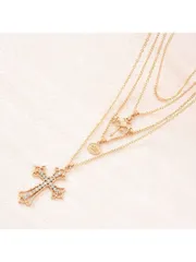 ジュエリー レディース ネックレス セット 多層 白クリスタル&ゴールデン クロス ペンダントネックレス
