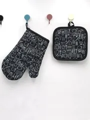 【新品】キッチン柄プリント　キッチンファブリック２点セット　ブラックのサムネイル