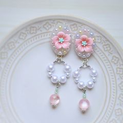 お花 レジン カボション パール調ビーズ ピアス・イヤリング ピンク