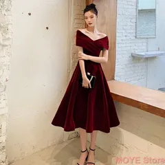 ワンピース ミドル丈ドレス 結婚式 二次会 上品 高級 ワインレッド ブラック パーティー 発表会 セクシー 演奏会 0392