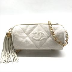 良品 CHANEL シャネル ココマーク 本リザード フリンジ チェーン ショルダー バッグ 白 ｍ9304
