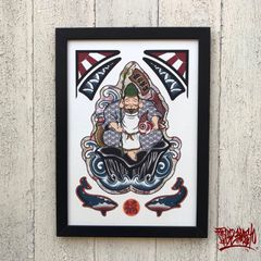 尾九 開運イラスト七福神 恵比寿天  A4サイズ フレーム付き
