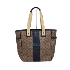 COACH(コーチ) トートバッグ ヘリテージ シグネチャー ストライプ トート F70074 カーキ×ネイビー×アイボリー レザー
