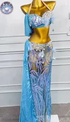 新品 未使用 新作 ベリーダンス オリエンタル衣装 透けます 水色ブラ スカート オーダーメイド