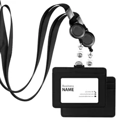 【迅速発送】Chouiery ネームホルダー 2枚入れ ID カード ホルダー ネックストラップ 横型 伸縮リール式 カードスロット3つ PU革 吊り下げ 名札 ストラップ 名札 ホルダー カードホルダー 首掛け ネックストラップ イベント スタッフ パス 名