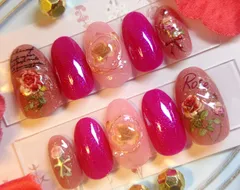 ㉘Rose Jam ハンドメイド　ネイルチップ　現品　サイズオーダー可　かわいい　秋 バラ　ピンク　ラメ　埋込　花びら　クラシカル　クラシック　ノスタルジー　レトロ　ロゴ