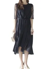 [アウニイ] パーティ ワンピース ドレス レディース 結婚式およばれワンピース レース 刺繍 五分袖 パーティードレス お呼ばれ フィッシュテール シフォンドレス 発表 会 披露宴 結婚 式 お呼 [ネイビー / フィッシュテール / 319104] [L]