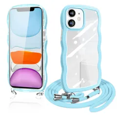 【在庫処分】透明 TPU アイフォン11 スマホケース カバー ストラップ付き iphone11 肩掛け 首掛け ショルダー 紐付き 斜めがけ クリア 創意 個性 ケース 可愛い かわいい 11 韓国 薄型 iPhone 耐衝撃(すんだ水色)