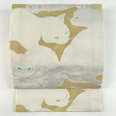 猫と音符の名古屋帯正絹未使用　最終金額 名古屋帯]新潟 十日町友禅 秀美 謹製 縮緬地 音符ねこ 九寸帯
