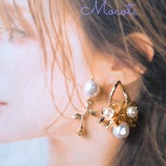 一輪バラ × パール 五弁花 アシンメトリー  ピアス/イヤリング