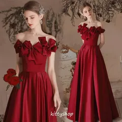 イブニングドレス ワイン赤 オフショルダー サテン ドレス 結婚式ドレス 二次会ドレス ゲストドレス 発表会ドレス 演奏会ドレス ロングドレス