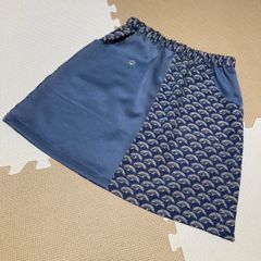着物リメイク　ゴルフミニスカート　ツートン　鶴の柄+色無地紋入り