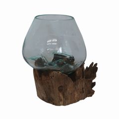 溶けたガラス＆天然木 の花瓶 フラワーベース Mサイズ 流木風 オブジェ アート 睡蓮鉢 すいれん鉢 金魚鉢 めだか鉢 メダカ鉢 ナチュラルティスト バリガラス 090471
