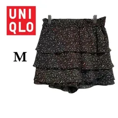 M ユニクロUNIQLO 花柄パンツ Mサイズ スカパン スカートパンツシンプルで華やか キュロット 花柄 ブラックT074_b003