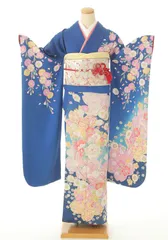 振袖セット　青　桜牡丹　華やか　上品　７点セット　Sサイズ　成人式　結婚式