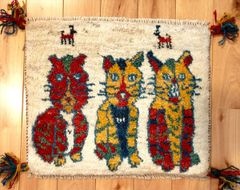 ペルシャ　ギャッベ　ミニマット　ラグ　36x42cm　厚み 2.16cm　3匹の猫　T8625s