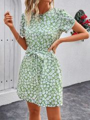 花柄プリントクルーネックドレス　春夏用カジュアル花びら袖バックキーホールベルトドレス　レディース服　Lサイズ
