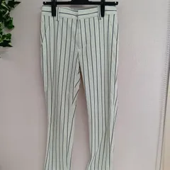 [wb]ダブルビー モガ パンツ レディース ストライプ 古着 サイズ36 S ホワイト グレー（い-287，ナ）のサムネイル