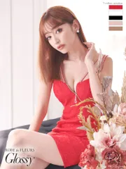 レッド[GL2629-R-2208]【ROBE de FLEURS Glossy/ローブ・ド・フルール グロッシー】フロントジップ/ バックチュール/ 総レース/ ノースリーブ/ タイト/ ミニドレス/ キャバドレス