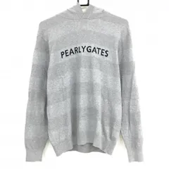 【超美品】パーリーゲイツ フード付セーター グレー ボーダー編み ロゴネイビー ニット コットン混 メンズ 5(L) ゴルフウェア PEARLY GATES