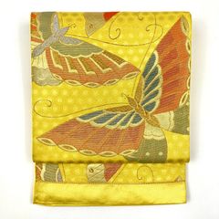 リユース帯 袋帯 黄色 フォーマル セミフォーマル 金糸 色糸 蝶 亀甲 六通 未洗い MS1472